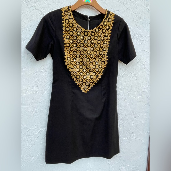 Vintage 60’s Boho Embroidery & Mirrored Discs Black Dress Size Small - Picture 1 of 9